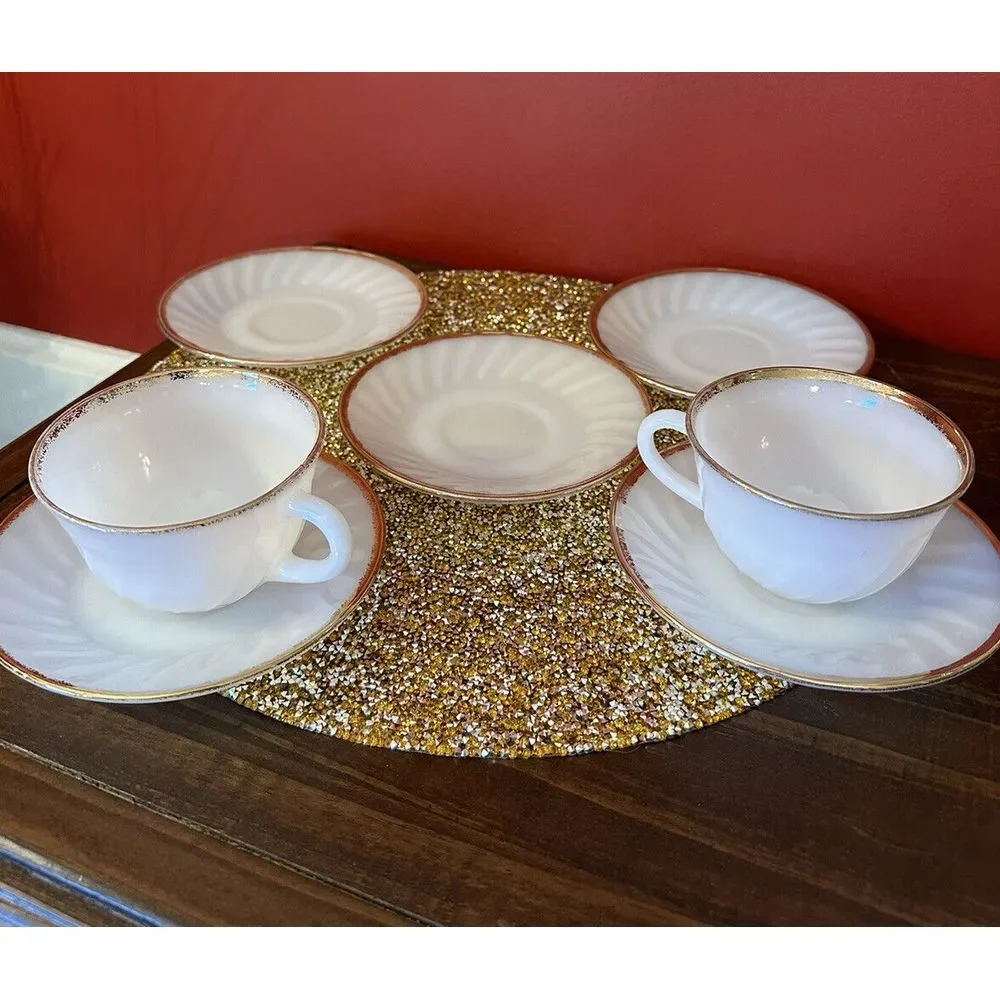 Vintage Fire King Oven Ware White Swirl Milk Glass‎ Gold Rim 2 Cup & 5 Saucers